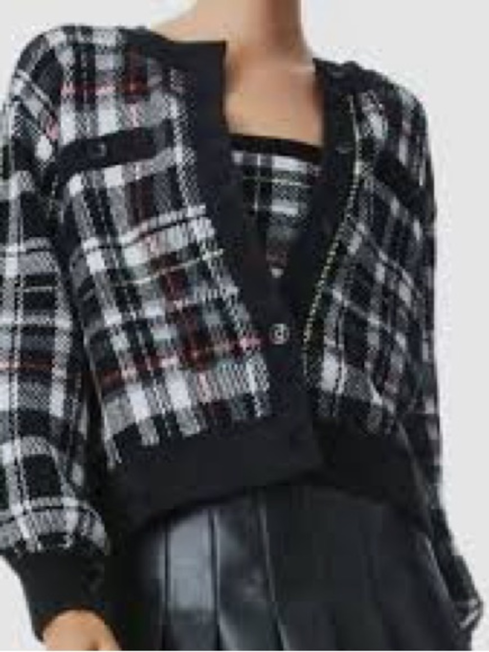 Alice + Olivia Black and White Plaid Button-Front Cardigan